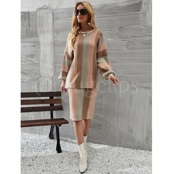 2 Piece Knit Suit Colorblock Stripe Sweater and Skirt - Picture 6 of 10